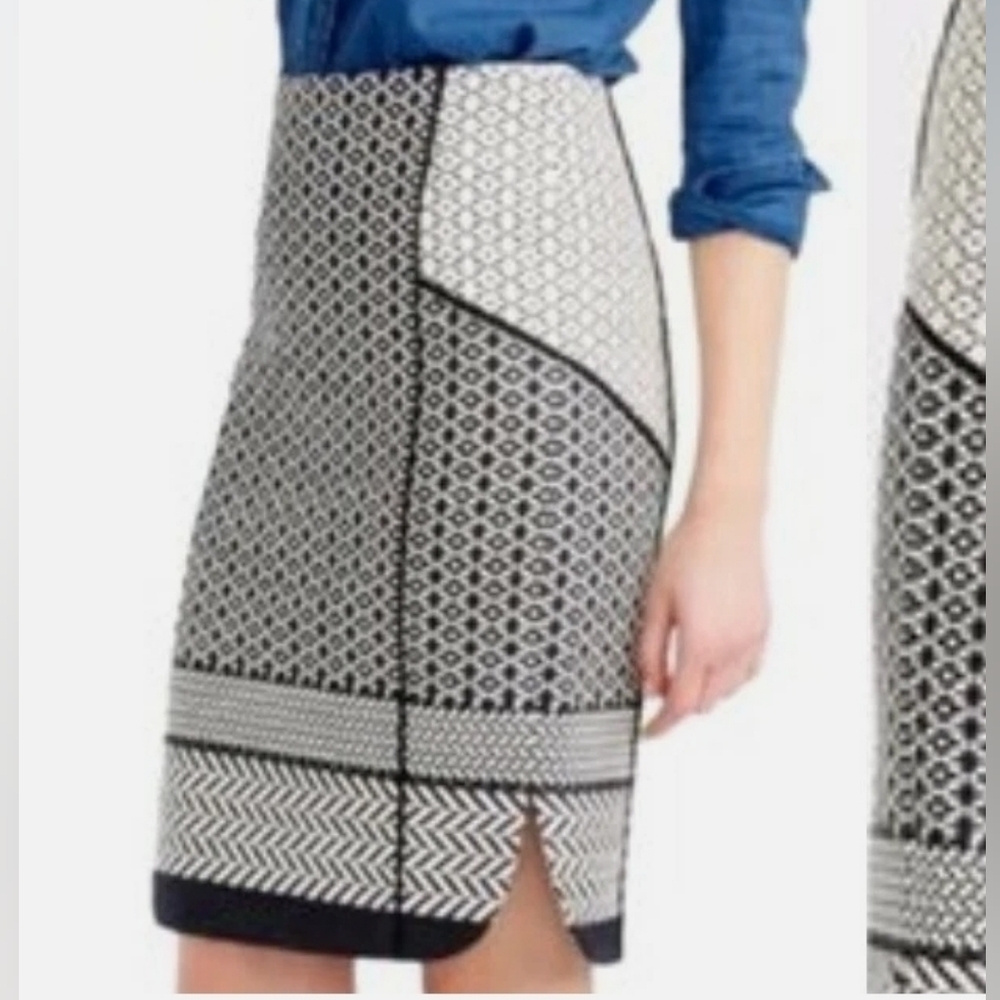J. Crew Black and Ecru Patterned Geometric Midi Skirt